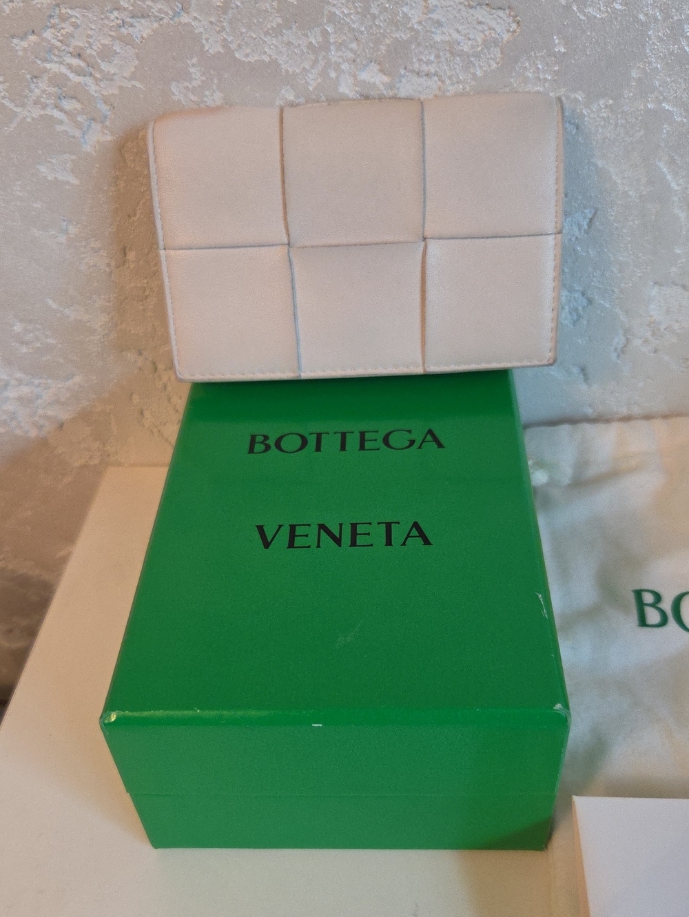 Bottega Veneta Cream Intrecciato Square Compact Wallet With COA